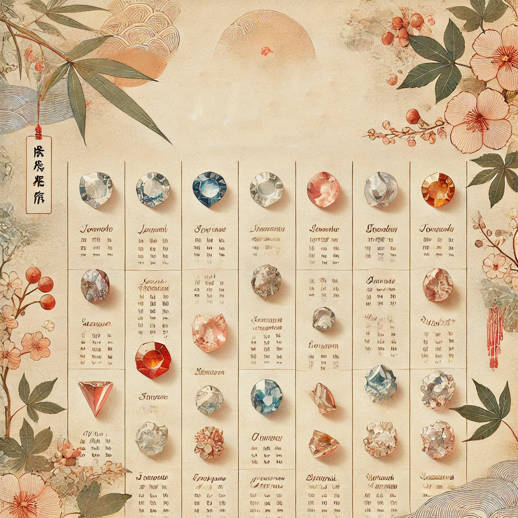 DALL%C2%B7E 2025 01 16 20.06.54 A traditional Japanese style design featuring a list of birthstones for each month represented with delicate illustrations of gemstones. The layout i - パワーストーンの誕生石一覧【天然石の意味・効果も解説】