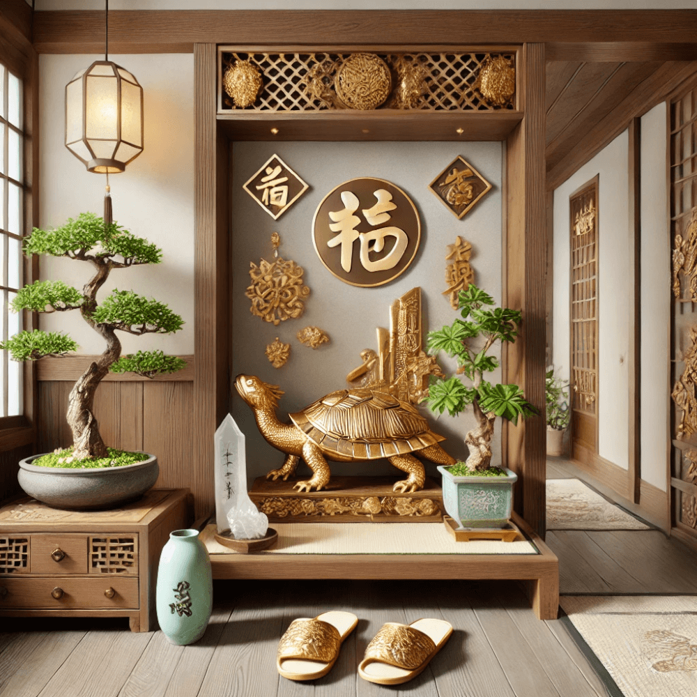 DALL%C2%B7E 2024 12 17 12.59.03 A Japanese style entryway featuring feng shui inspired lucky items designed to attract prosperity and good fortune. The entrance showcases traditional - 【開運アイテム】玄関に置くと幸運を招く置物ガイド