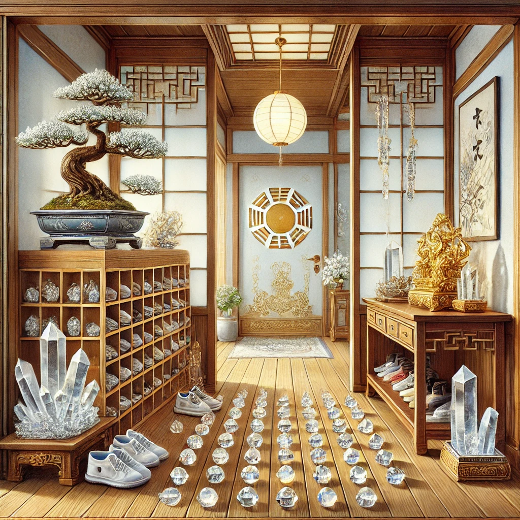 DALL%C2%B7E 2024 12 17 12.59.19 A depiction of a traditional Japanese entryway genkan incorporating feng shui inspired crystal ornaments and other lucky items to attract good fortu - 【開運アイテム】玄関に置くと幸運を招く置物ガイド