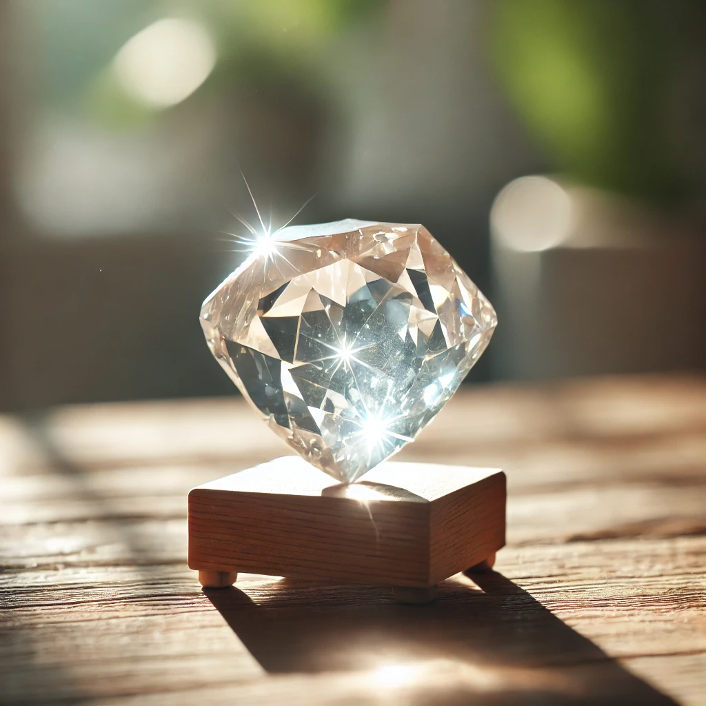 DALL%C2%B7E 2025 01 21 21.55.02 A sparkling Herkimer diamond crystal placed on a minimalist wooden stand under soft natural sunlight. The crystals clarity and brilliance symbolize i - ハーキマーダイヤモンドが強い理由｜スピリチュアル効果と相性の秘密