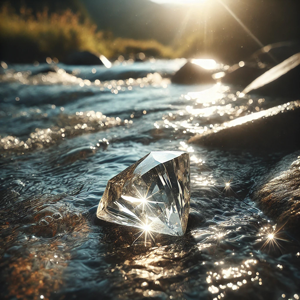 DALL%C2%B7E 2025 01 21 21.55.17 A sparkling Herkimer diamond crystal placed under flowing water with natural sunlight reflecting off the crystal. The serene and natural setting empha - ハーキマーダイヤモンドが強い理由｜スピリチュアル効果と相性の秘密