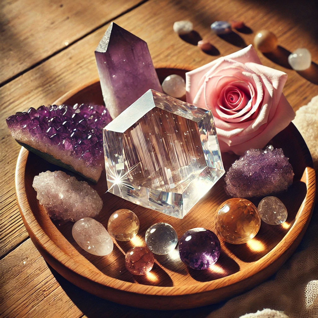 DALL%C2%B7E 2025 01 21 21.55.19 A serene arrangement featuring a sparkling Herkimer diamond crystal placed alongside amethyst rose quartz and citrine stones. The crystals are arran - ハーキマーダイヤモンドが強い理由｜スピリチュアル効果と相性の秘密