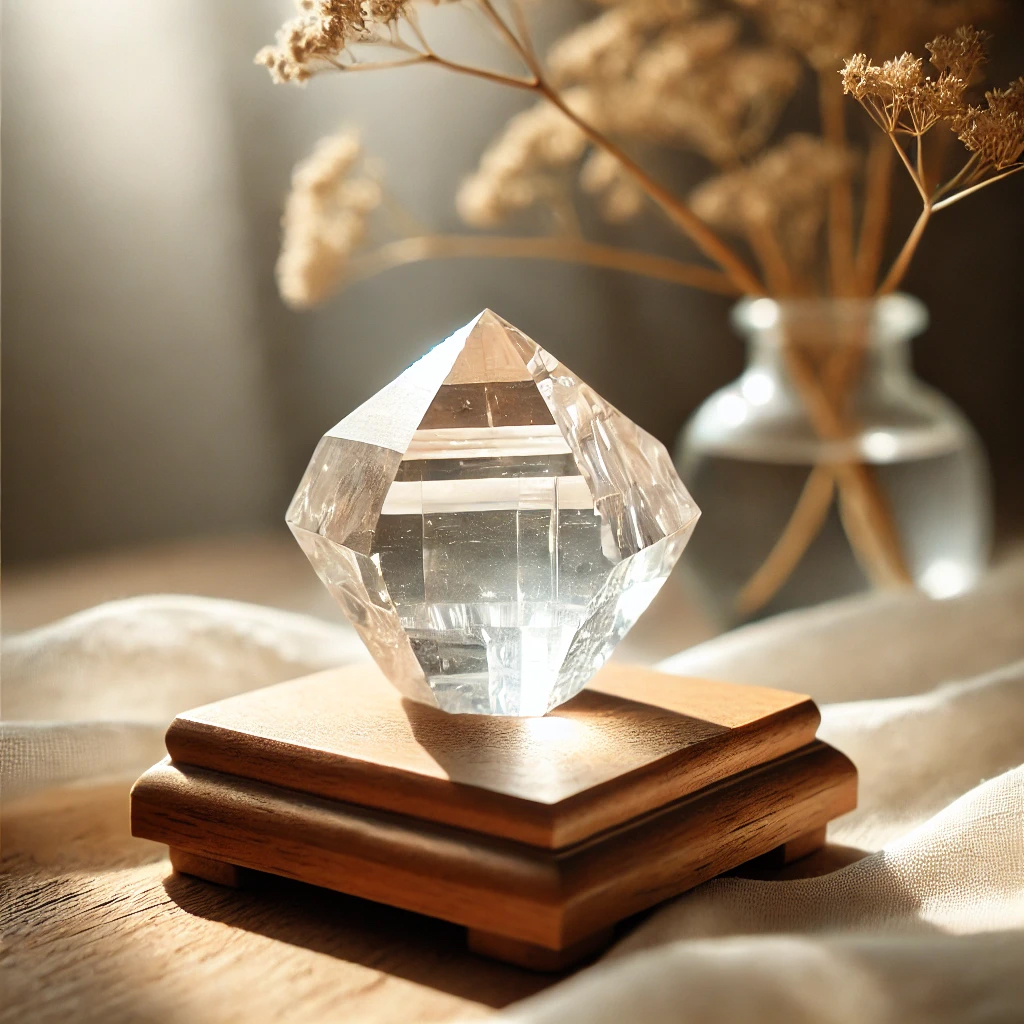 DALL%C2%B7E 2025 01 21 21.55.28 A clear and radiant Herkimer diamond crystal placed on a wooden stand under soft natural sunlight. The setting is clean and serene emphasizing the cr - ハーキマーダイヤモンドが強い理由｜スピリチュアル効果と相性の秘密