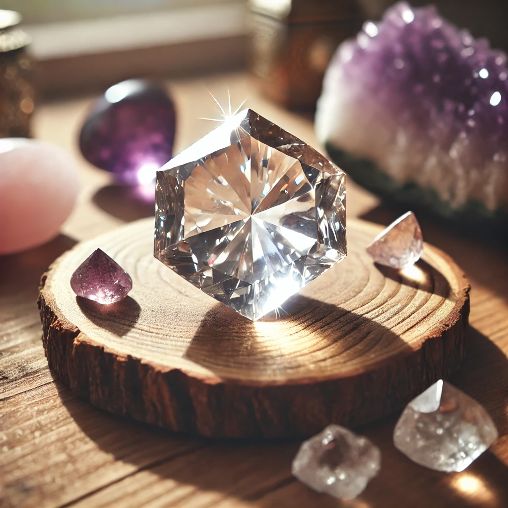 DALL%C2%B7E 2025 01 21 22.04.47 A sparkling Herkimer diamond crystal placed on a wooden surface surrounded by amethyst and rose quartz stones. The arrangement is illuminated by natu - ハーキマーダイヤモンドが強い理由｜スピリチュアル効果と相性の秘密