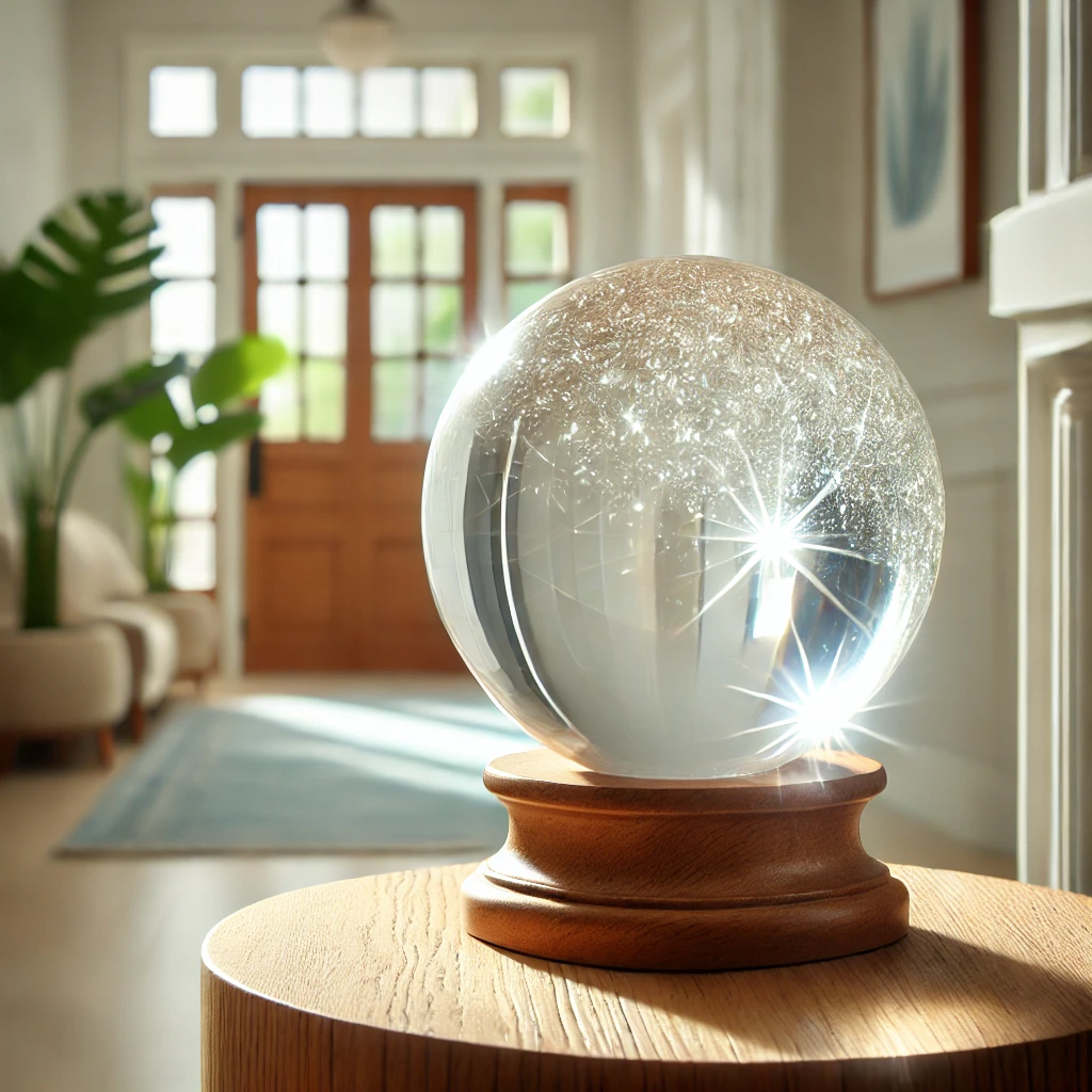 DALL%C2%B7E 2025 01 21 22.20.58 A clear quartz crystal sphere placed on a wooden pedestal in a bright and welcoming entrance area. The sphere sparkles under natural sunlight symboli - 玄関に水晶を置く置き方｜理由と効果を徹底解説