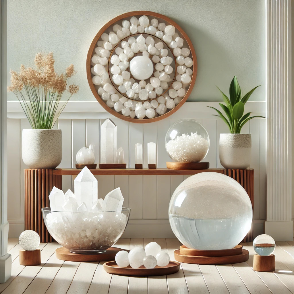 DALL%C2%B7E 2025 01 21 22.22.16 A bright and elegant entrance featuring a clear quartz crystal cluster a glass bowl of tumbled quartz stones and a quartz crystal ball. Each is plac - 玄関に水晶を置く置き方｜理由と効果を徹底解説