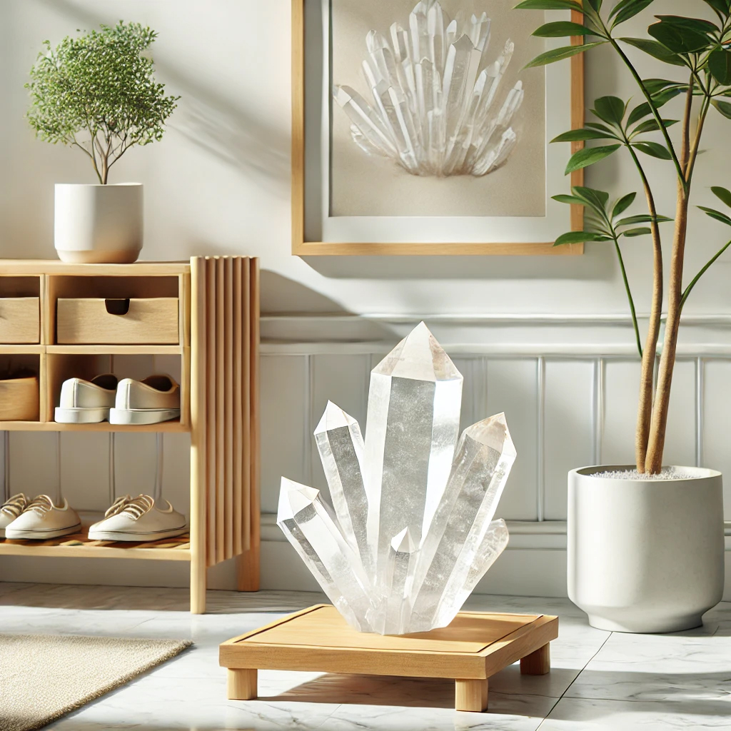 DALL%C2%B7E 2025 01 21 22.22.23 A polished clear quartz crystal cluster placed on a wooden stand in a bright and clean entrance. The crystal sparkles under natural sunlight with a m - 玄関に水晶を置く置き方｜理由と効果を徹底解説