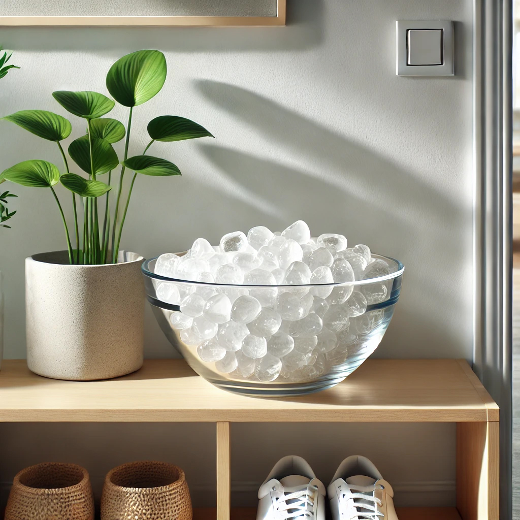 DALL%C2%B7E 2025 01 21 22.22.28 A glass bowl filled with clear quartz tumbled stones placed on a minimalist shelf in a bright and clean entrance. The stones glisten under natural sun - 玄関に水晶を置く置き方｜理由と効果を徹底解説