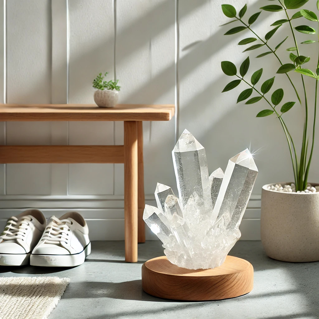 DALL%C2%B7E 2025 01 21 22.22.35 A bright and clean entrance featuring a natural clear quartz crystal cluster placed on a wooden stand. The crystal sparkles under natural sunlight su - 玄関に水晶を置く置き方｜理由と効果を徹底解説