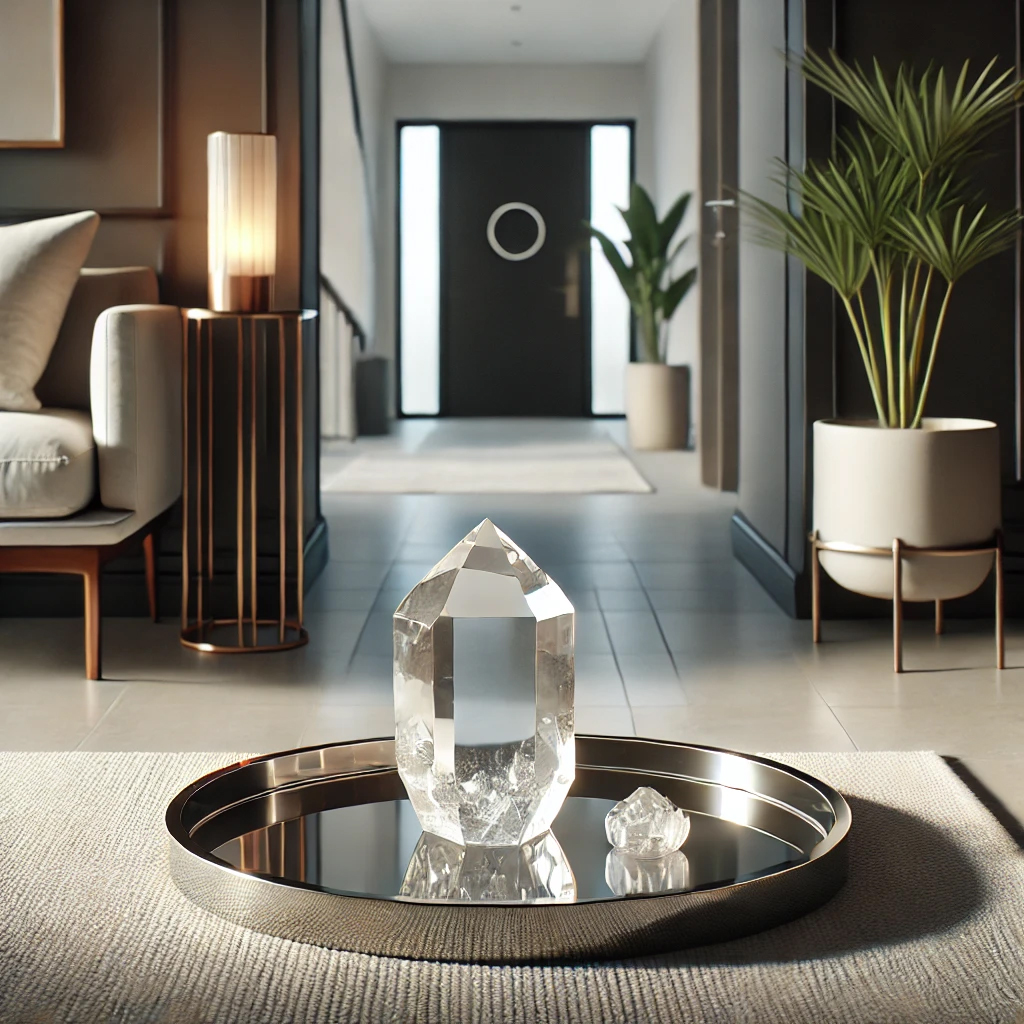 DALL%C2%B7E 2025 01 21 22.22.37 A stylish entrance decorated with a polished clear quartz crystal placed on a sleek glass tray. The crystal sparkles under soft lighting surrounded b - 玄関に水晶を置く置き方｜理由と効果を徹底解説