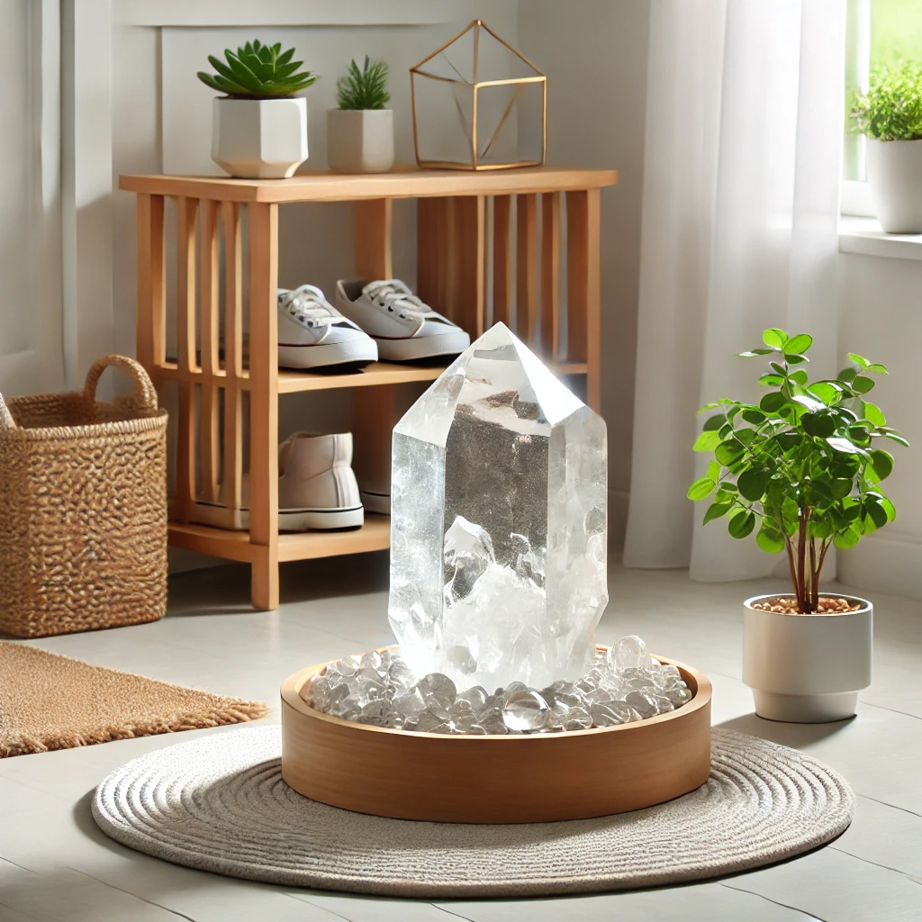 DALL%C2%B7E 2025 01 21 22.22.51 A clear quartz crystal cluster placed prominently in a bright and clean entrance space. The crystal glows with soft natural light surrounded by a nea - 玄関に水晶を置く置き方｜理由と効果を徹底解説