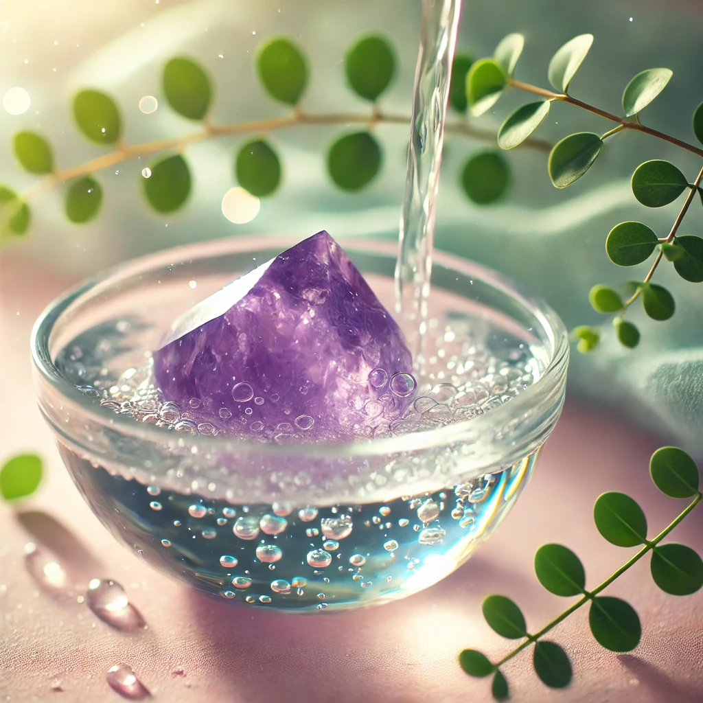 DALL%C2%B7E 2025 01 22 10.37.17 A serene image of a polished purple amethyst crystal being cleansed under clear running water in a transparent glass bowl. The water sparkles gently u - アメジストの強すぎる効果を徹底解説｜精神安定とスピリチュアルな成長をサポート