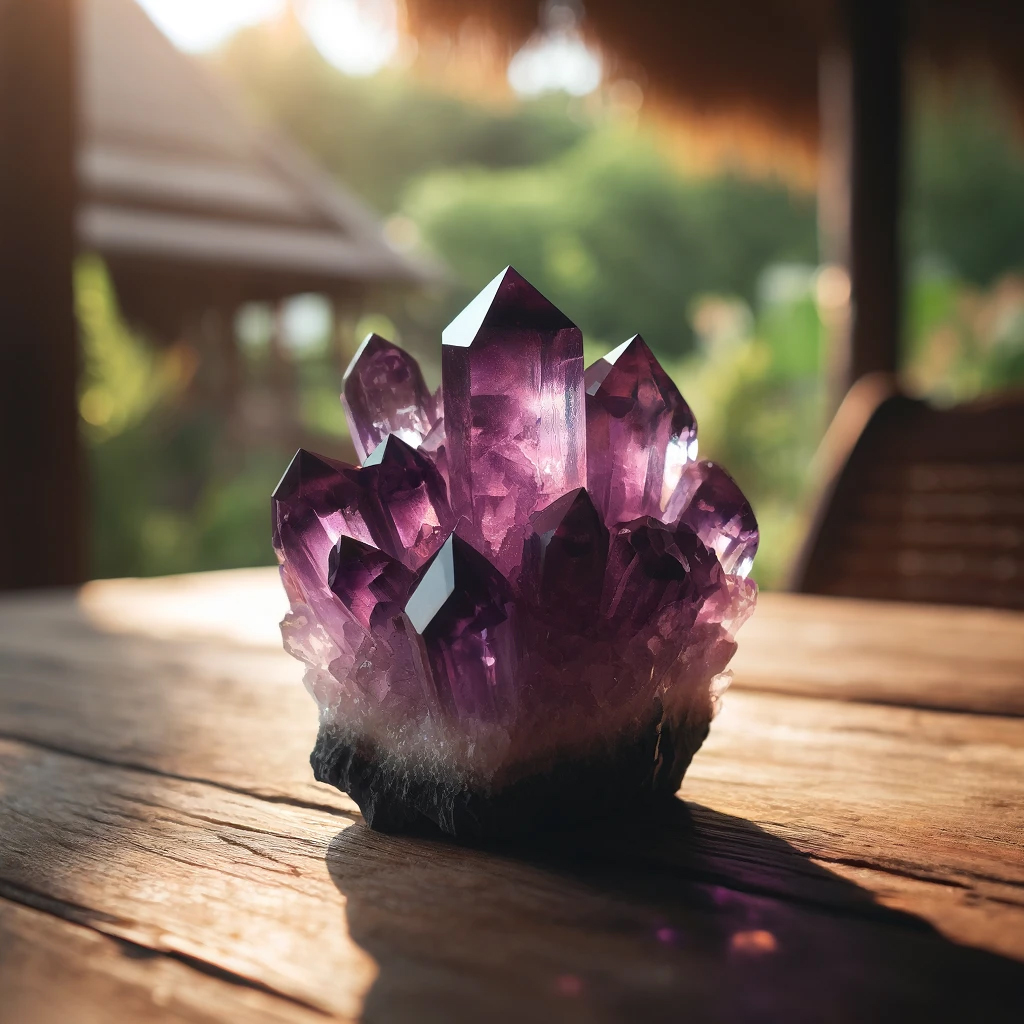 DALL%C2%B7E 2025 01 22 10.50.02 A stunning amethyst crystal cluster placed on a wooden table under natural sunlight. The deep purple hues and sparkling facets of the cluster are high - アメジストの強すぎる効果を徹底解説｜精神安定とスピリチュアルな成長をサポート