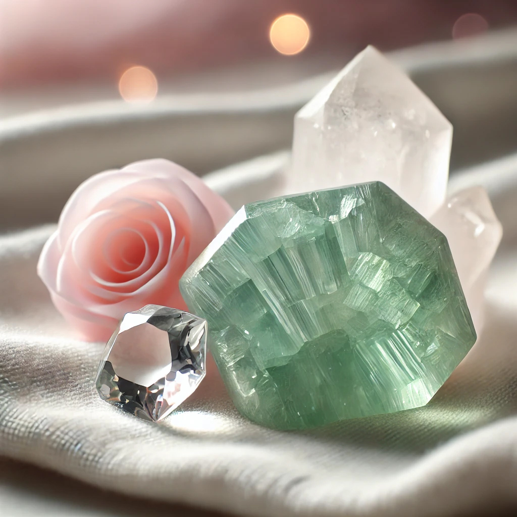 DALL%C2%B7E 2025 01 22 11.04.47 A serene arrangement of a polished light green prehnite crystal alongside a rose quartz and clear quartz on a soft white fabric. The crystals glow gen - プレナイトの強い効果を徹底解説｜心の安定と直感力を向上させる力