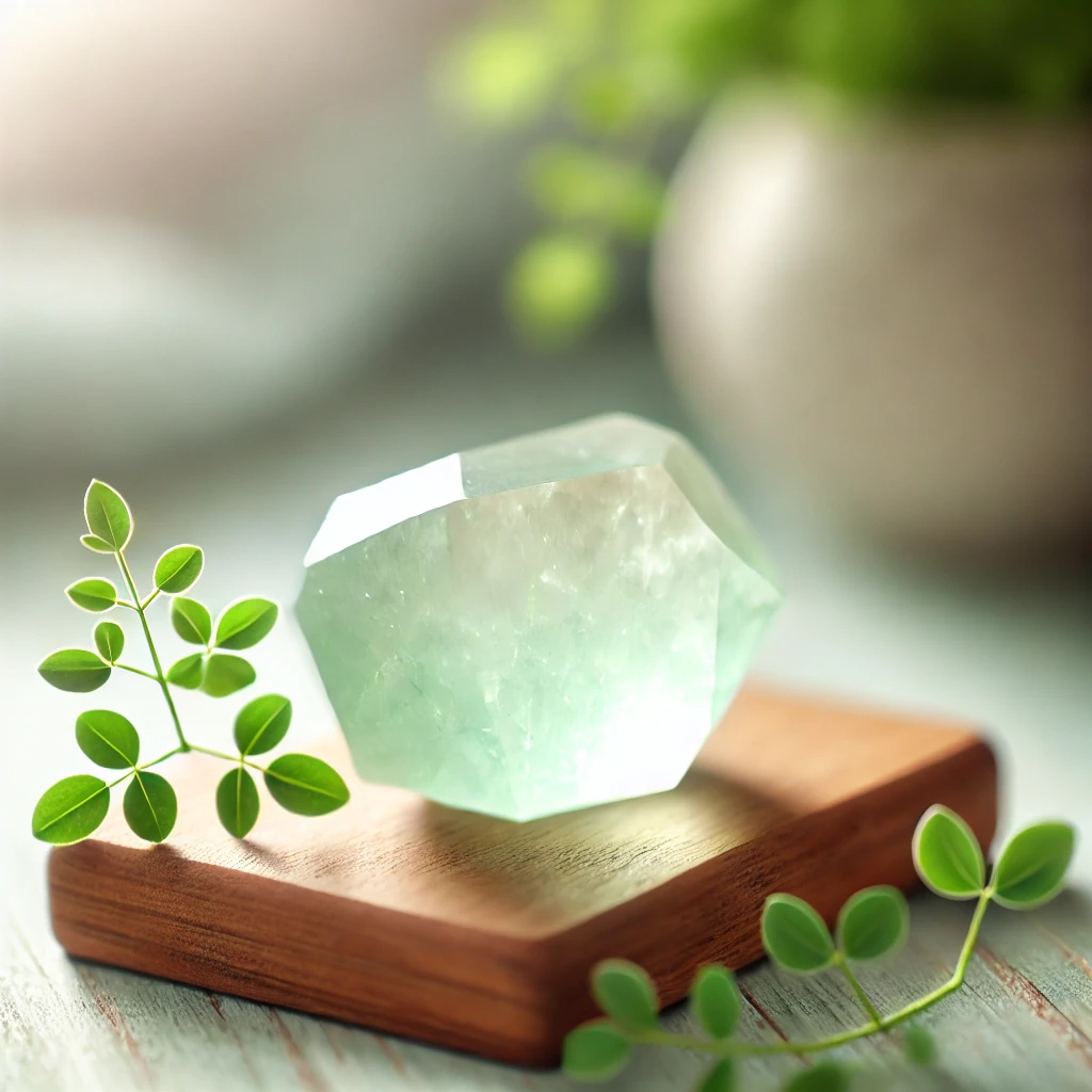 DALL%C2%B7E 2025 01 22 11.04.49 A polished light green prehnite crystal placed on a wooden stand under soft natural light. The crystal glows gently surrounded by small green leaves - プレナイトの強い効果を徹底解説｜心の安定と直感力を向上させる力