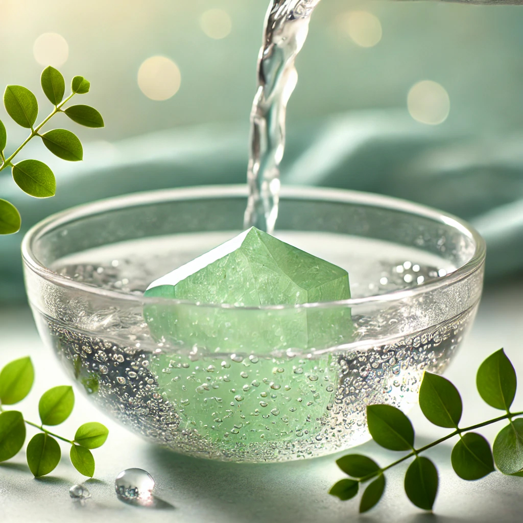 DALL%C2%B7E 2025 01 22 11.04.54 A serene image of a light green prehnite crystal being cleansed under clear running water in a transparent glass bowl. The water sparkles gently under - プレナイトの強い効果を徹底解説｜心の安定と直感力を向上させる力