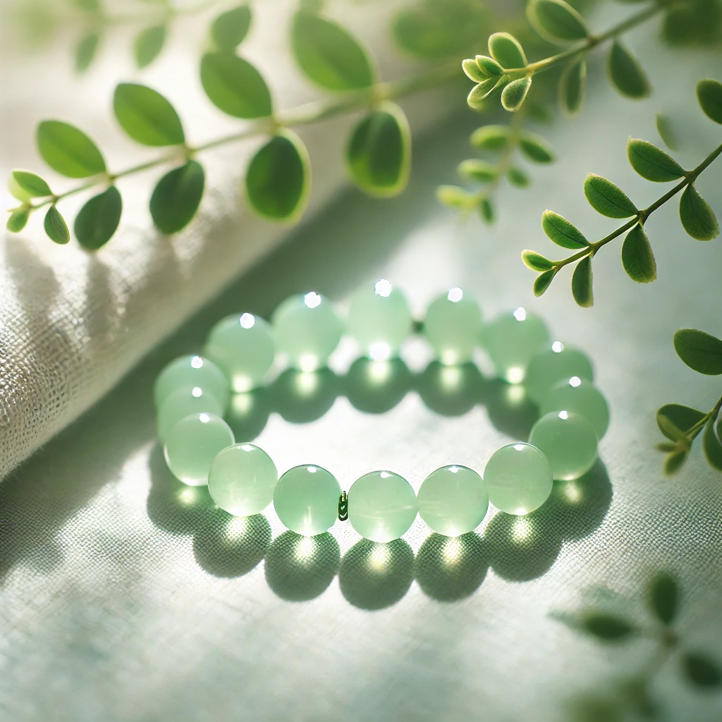 DALL%C2%B7E 2025 01 22 11.04.59 A polished light green prehnite bead bracelet placed on a soft white fabric under natural sunlight. The bracelet glows gently surrounded by small gre - プレナイトの強い効果を徹底解説｜心の安定と直感力を向上させる力