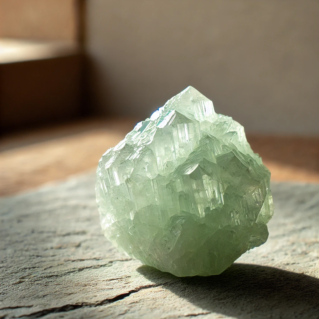 DALL%C2%B7E 2025 01 22 11.11.21 A raw prehnite crystal with a soft green hue placed on a natural stone surface under natural sunlight. The crystals organic texture and gentle color - プレナイトの強い効果を徹底解説｜心の安定と直感力を向上させる力