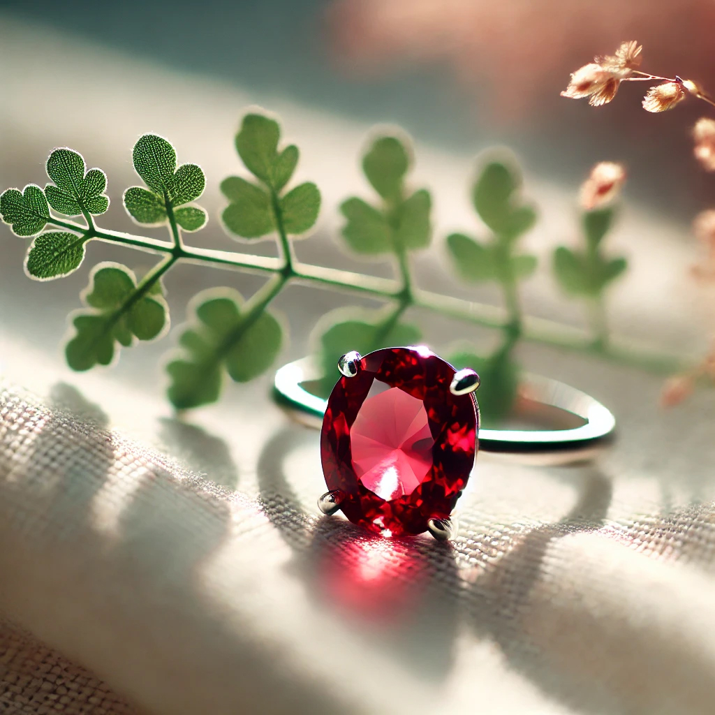 DALL%C2%B7E 2025 01 22 11.26.38 A stunning red andesine gemstone set in a delicate silver ring placed on a soft white fabric under natural sunlight. The gemstone glows with a rich r - アンデシンの強い効果を徹底解説｜感情の浄化とスピリチュアルな成長