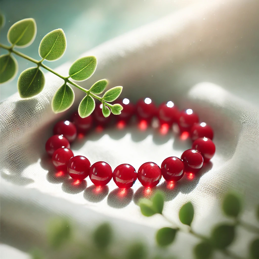 DALL%C2%B7E 2025 01 22 11.26.44 A polished red andesine bead bracelet placed on a soft white fabric glowing gently under natural sunlight. The bracelet is surrounded by small green  - アンデシンの強い効果を徹底解説｜感情の浄化とスピリチュアルな成長