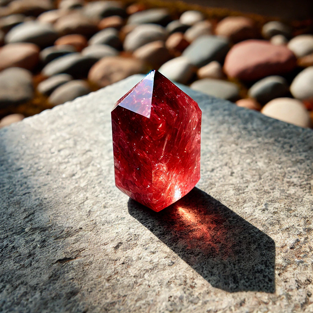 DALL%C2%B7E 2025 01 22 11.29.18 A radiant andesine crystal with a deep reddish hue placed on a smooth stone surface under natural sunlight. The crystal emanates a powerful aura sym - アンデシンの強い効果を徹底解説｜感情の浄化とスピリチュアルな成長