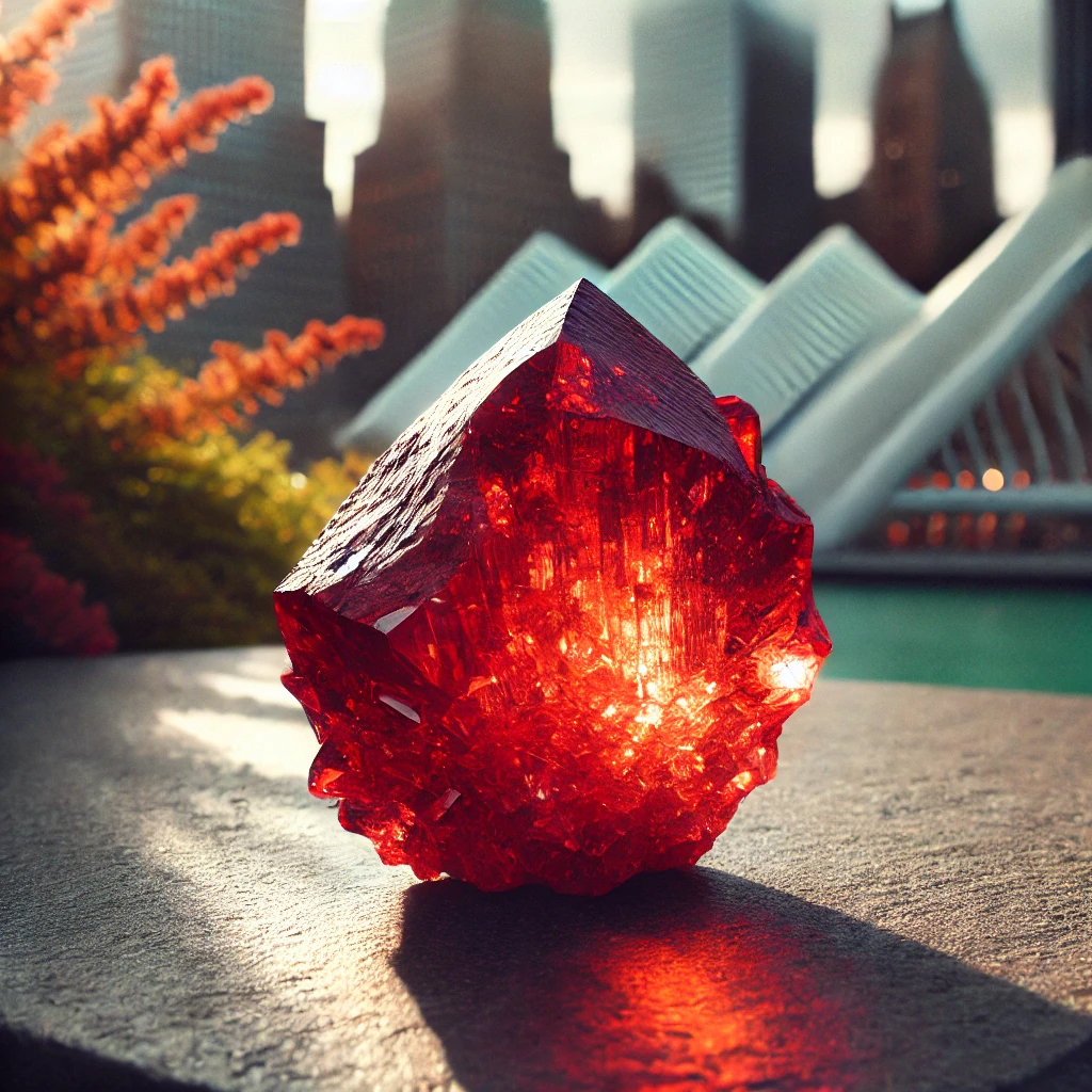 DALL%C2%B7E 2025 01 22 11.39.27 A vivid andesine crystal with a striking reddish hue radiating a powerful aura of emotional cleansing and spiritual growth. The crystal is placed on  - アンデシンの強い効果を徹底解説｜感情の浄化とスピリチュアルな成長