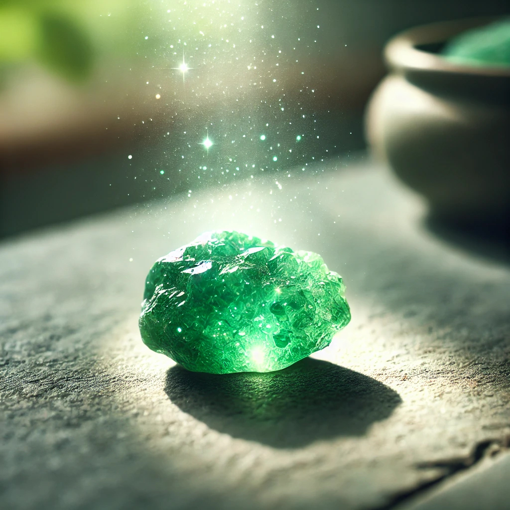 DALL%C2%B7E 2025 01 22 11.47.20 A raw green aventurine rock glowing with a radiant aura placed on a smooth stone surface under soft natural light. The vibrant green hues and texture - アベンチュリンの強いエネルギーと効果を徹底解説｜調和と癒しをもたらすパワーストーン