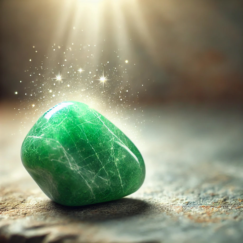 DALL%C2%B7E 2025 01 22 11.47.44 A raw green aventurine rock with a glowing aura symbolizing strong energy and healing power. The rock is placed on a natural stone surface under soft - アベンチュリンの強いエネルギーと効果を徹底解説｜調和と癒しをもたらすパワーストーン