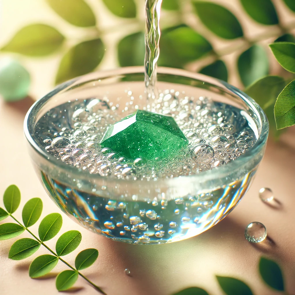 DALL%C2%B7E 2025 01 22 11.51.19 A serene image of a green aventurine crystal being cleansed in a transparent glass bowl under clear running water. The water sparkles gently under nat - アベンチュリンの強いエネルギーと効果を徹底解説｜調和と癒しをもたらすパワーストーン