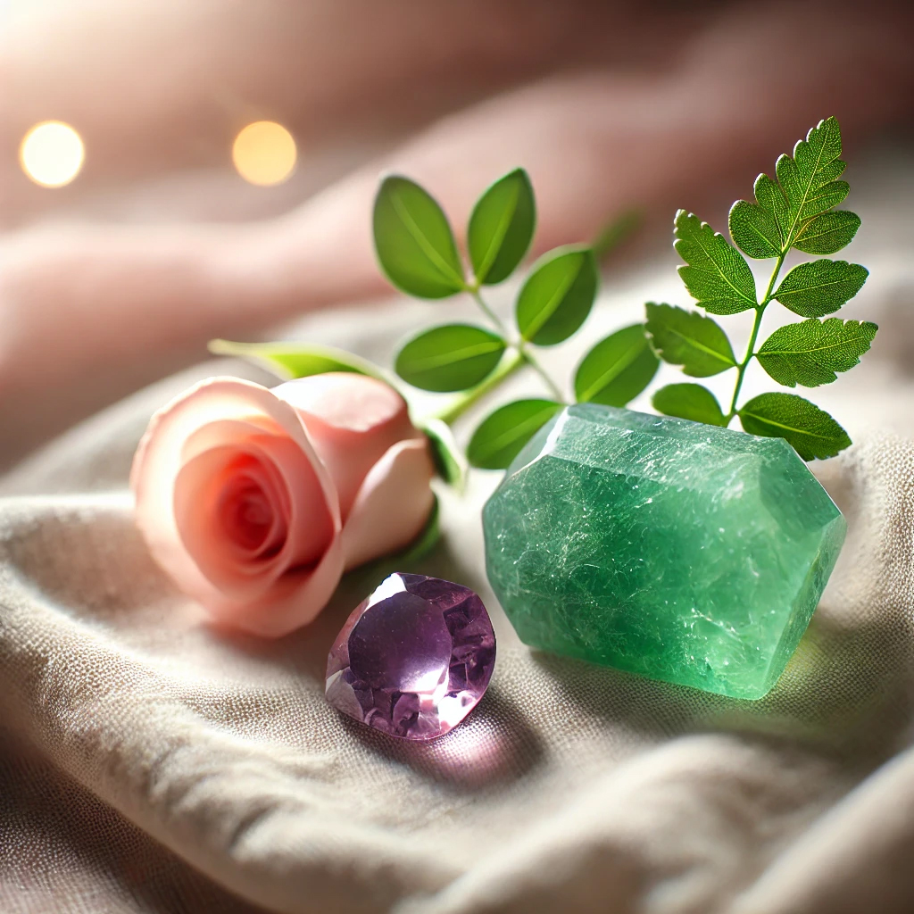 DALL%C2%B7E 2025 01 22 11.51.32 A serene image featuring a green aventurine crystal placed alongside a rose quartz and an amethyst on a soft fabric. The stones are glowing under natu - アベンチュリンの強いエネルギーと効果を徹底解説｜調和と癒しをもたらすパワーストーン