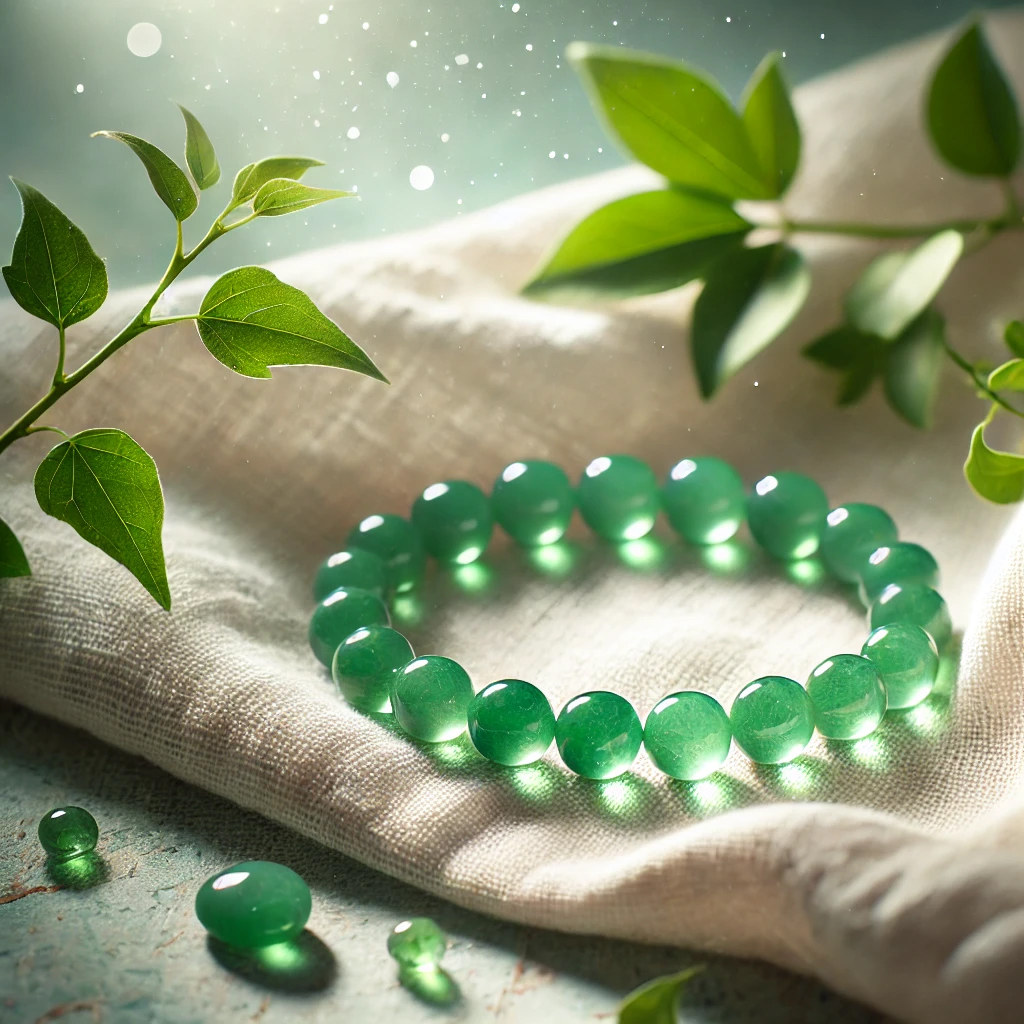 DALL%C2%B7E 2025 01 22 11.51.35 A polished green aventurine bracelet placed on a soft white cloth glowing under natural light. Nearby small green leaves and a calming pastel toned  - アベンチュリンの強いエネルギーと効果を徹底解説｜調和と癒しをもたらすパワーストーン