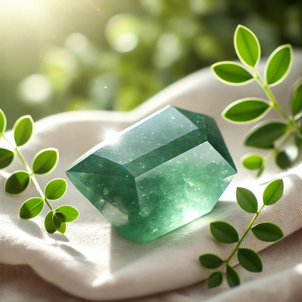 DALL%C2%B7E 2025 01 22 11.51.42 A serene image of a polished green aventurine crystal placed on a soft white cloth under natural sunlight. The crystal is glowing gently surrounded b - アベンチュリンの強いエネルギーと効果を徹底解説｜調和と癒しをもたらすパワーストーン