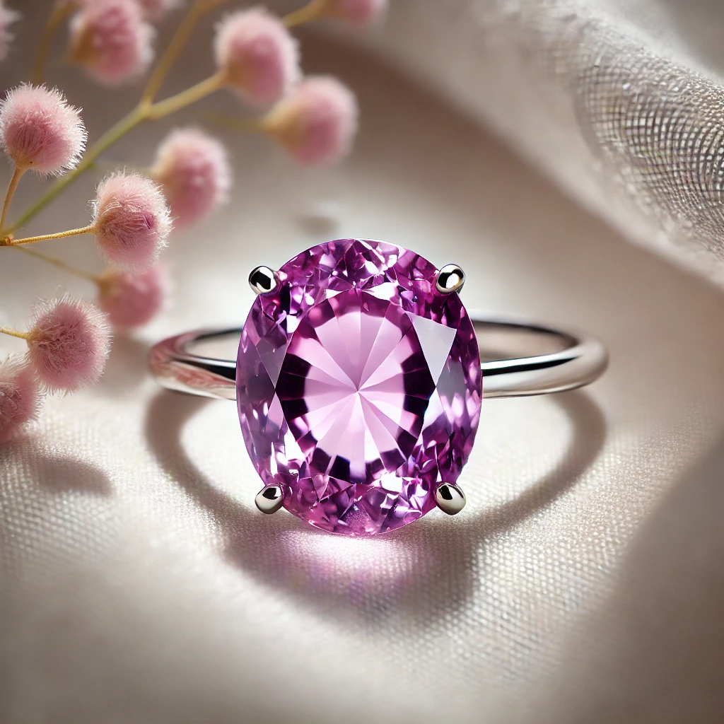 DALL%C2%B7E 2025 01 22 12.27.41 A stunning image of a polished pinkish purple kunzite gemstone set in a delicate silver ring placed on a soft white fabric. The gemstone sparkles und - クンツァイトが持つ強いエネルギー癒しと愛をもたらす天然石の効果を解説