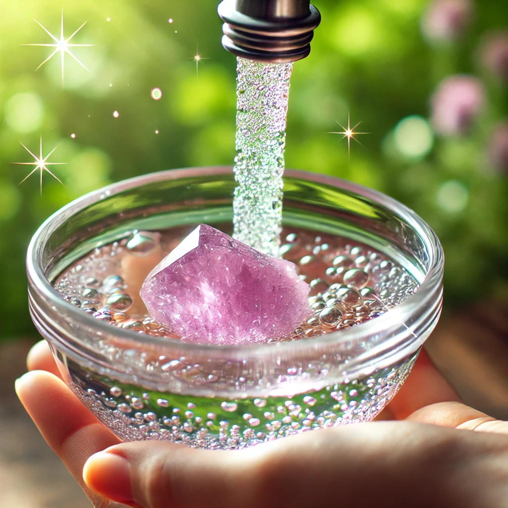 DALL%C2%B7E 2025 01 22 12.27.44 A close up image of a pinkish purple kunzite crystal being cleansed under clear running water in a transparent glass bowl. The water sparkles in natur - クンツァイトが持つ強いエネルギー癒しと愛をもたらす天然石の効果を解説