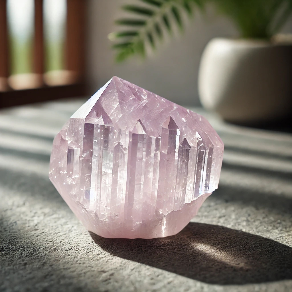 DALL%C2%B7E 2025 01 22 12.32.11 A raw kunzite crystal with multiple vertical striations and a soft pinkish purple hue glowing with a calming and loving energy. The crystal is placed - クンツァイトが持つ強いエネルギー癒しと愛をもたらす天然石の効果を解説