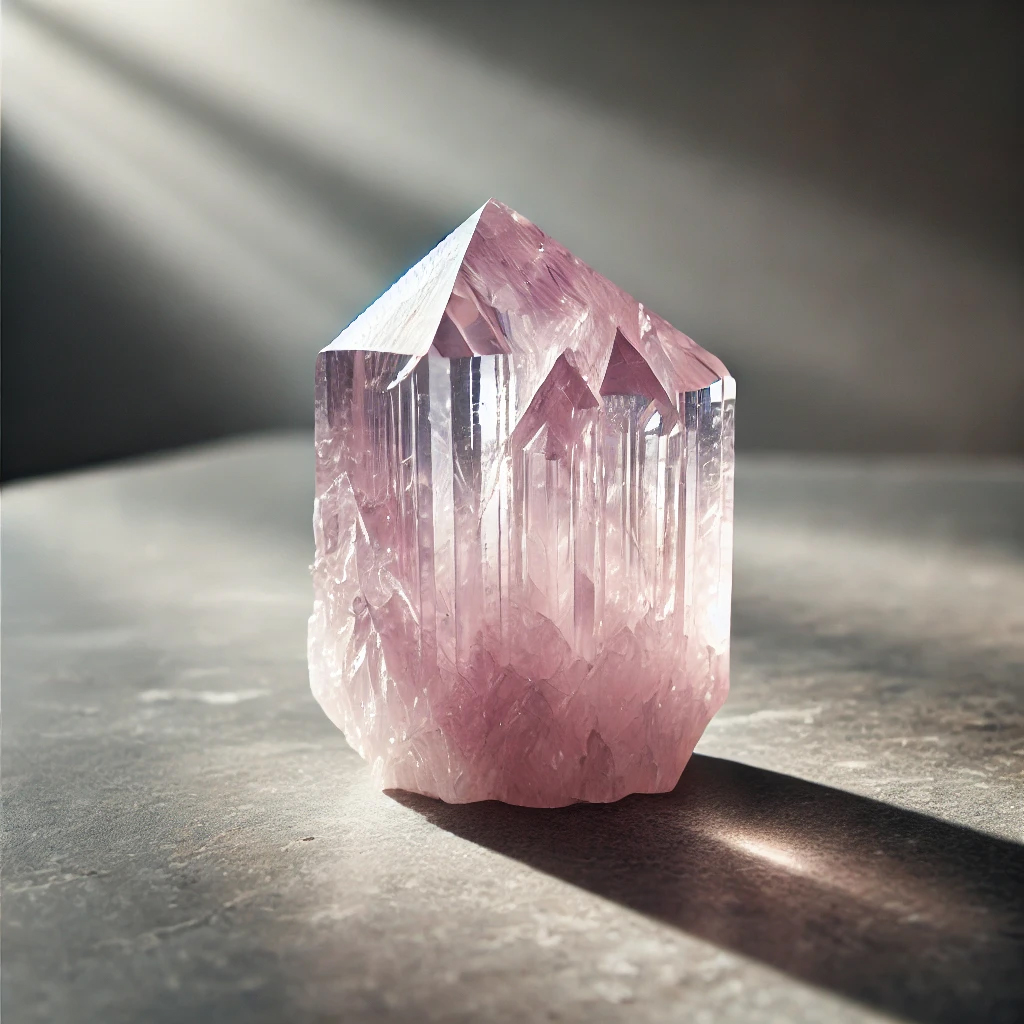 DALL%C2%B7E 2025 01 22 12.32.48 A raw kunzite crystal with prominent vertical striations and a soft pinkish purple hue radiating a powerful and calming energy. The crystal is glowin - クンツァイトが持つ強いエネルギー癒しと愛をもたらす天然石の効果を解説