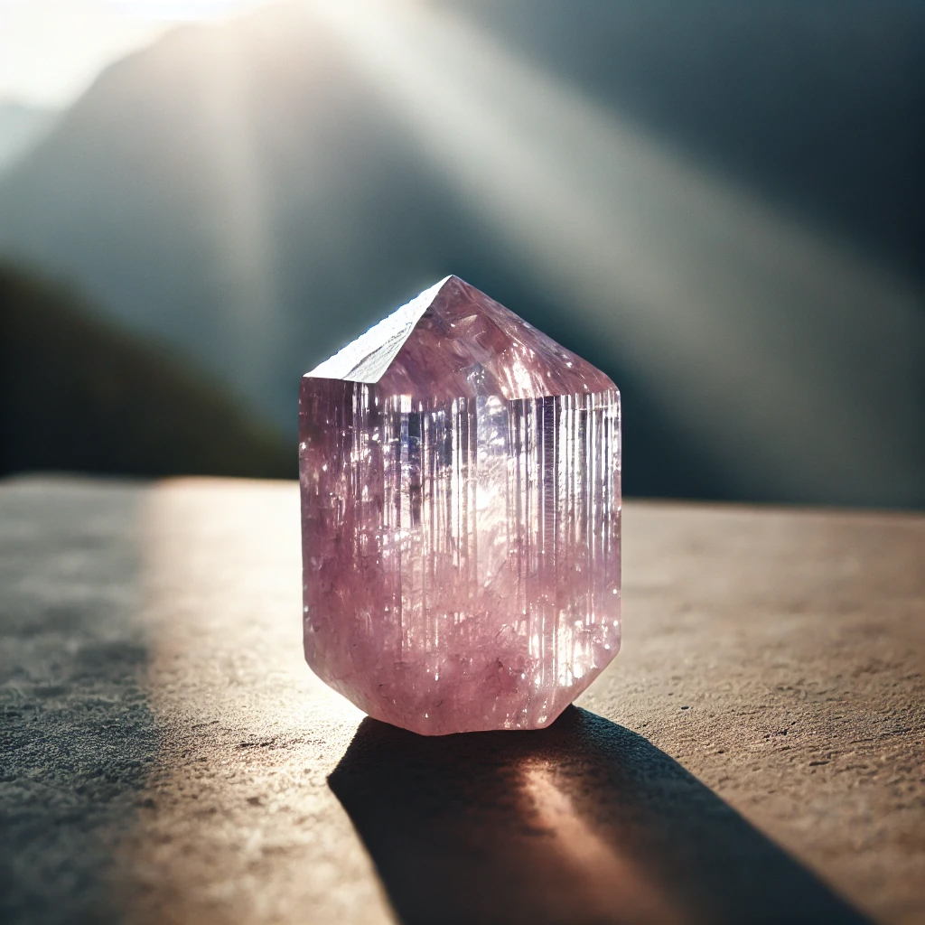 DALL%C2%B7E 2025 01 23 02.21.19 A glowing raw kunzite crystal with prominent vertical striations showcasing a soft pinkish purple hue. The crystal is placed on a smooth surface unde - クンツァイトが持つ強いエネルギー癒しと愛をもたらす天然石の効果を解説