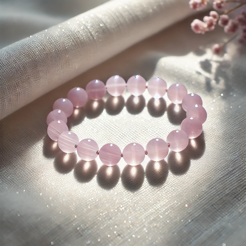 DALL%C2%B7E 2025 01 23 02.21.52 A delicate kunzite bead bracelet with soft pinkish purple hues elegantly arranged on a white velvet surface under natural sunlight. The bracelet radi - クンツァイトが持つ強いエネルギー癒しと愛をもたらす天然石の効果を解説