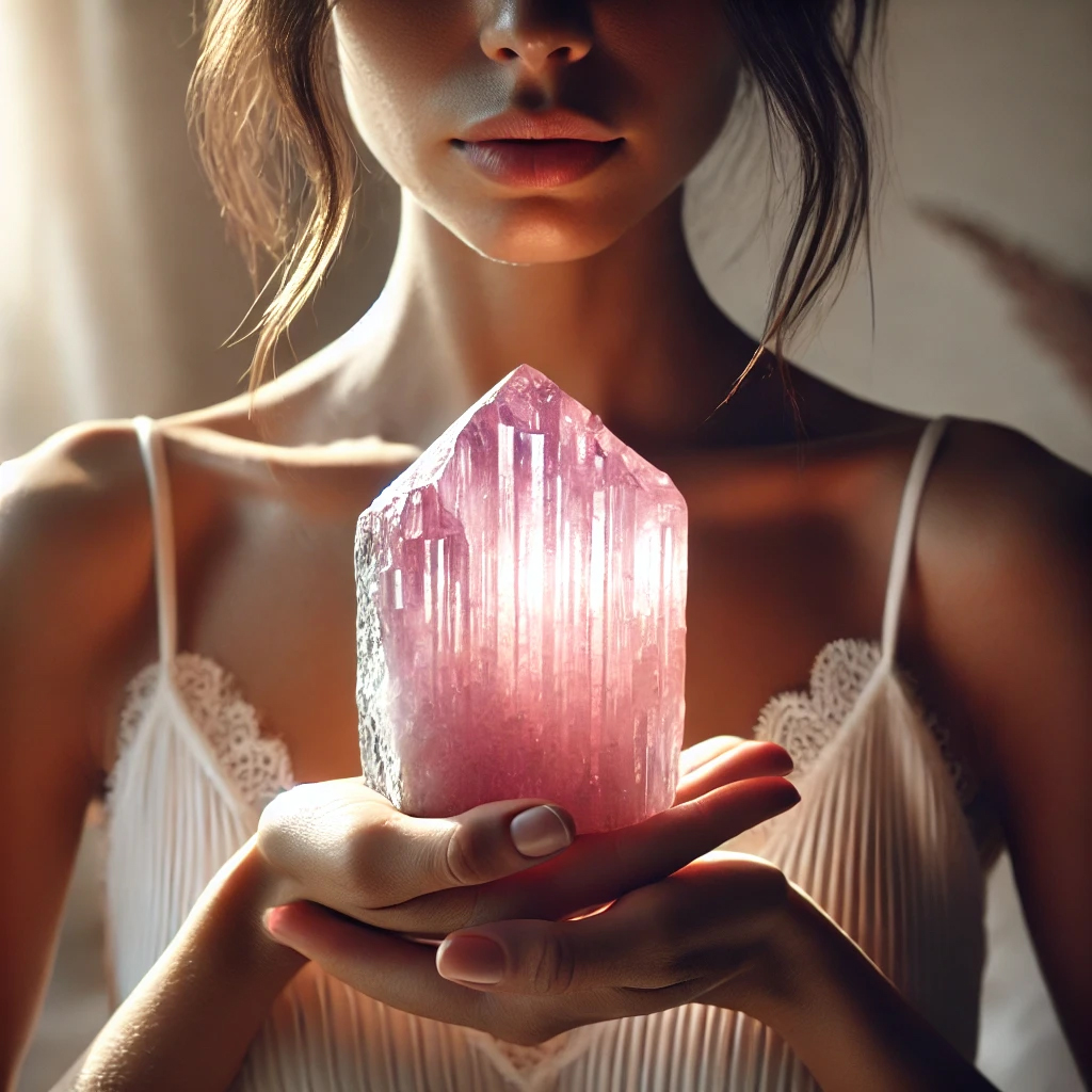 DALL%C2%B7E 2025 01 23 02.31.01 A serene and powerful scene featuring a woman holding a glowing raw kunzite crystal with prominent vertical striations. The kunzite has a vibrant pink - クンツァイトが持つ強いエネルギー癒しと愛をもたらす天然石の効果を解説