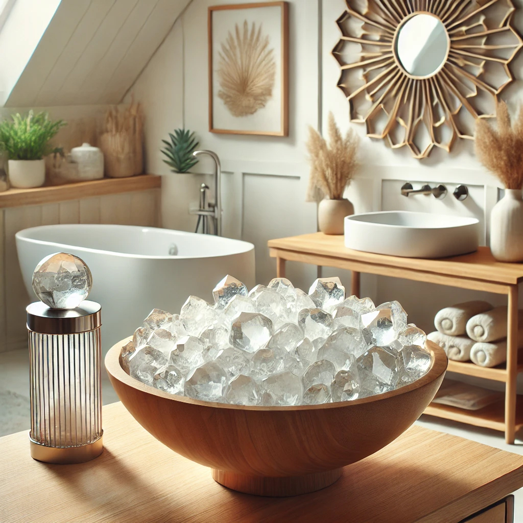 DALL%C2%B7E 2025 01 24 00.15.06 A serene and harmonious bathroom scene designed with Feng Shui principles featuring a decorative bowl filled with clear quartz tumbled stones water  - トイレの水晶活用ガイド｜風水的効果と正しい置き方とは？