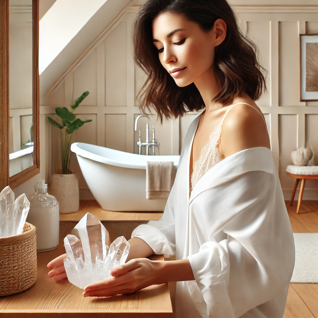 DALL%C2%B7E 2025 01 24 00.18.41 A tranquil and stylish bathroom scene with a Feng Shui inspired design featuring a woman thoughtfully placing a clear quartz crystal cluster on a woo - トイレの水晶活用ガイド｜風水的効果と正しい置き方とは？