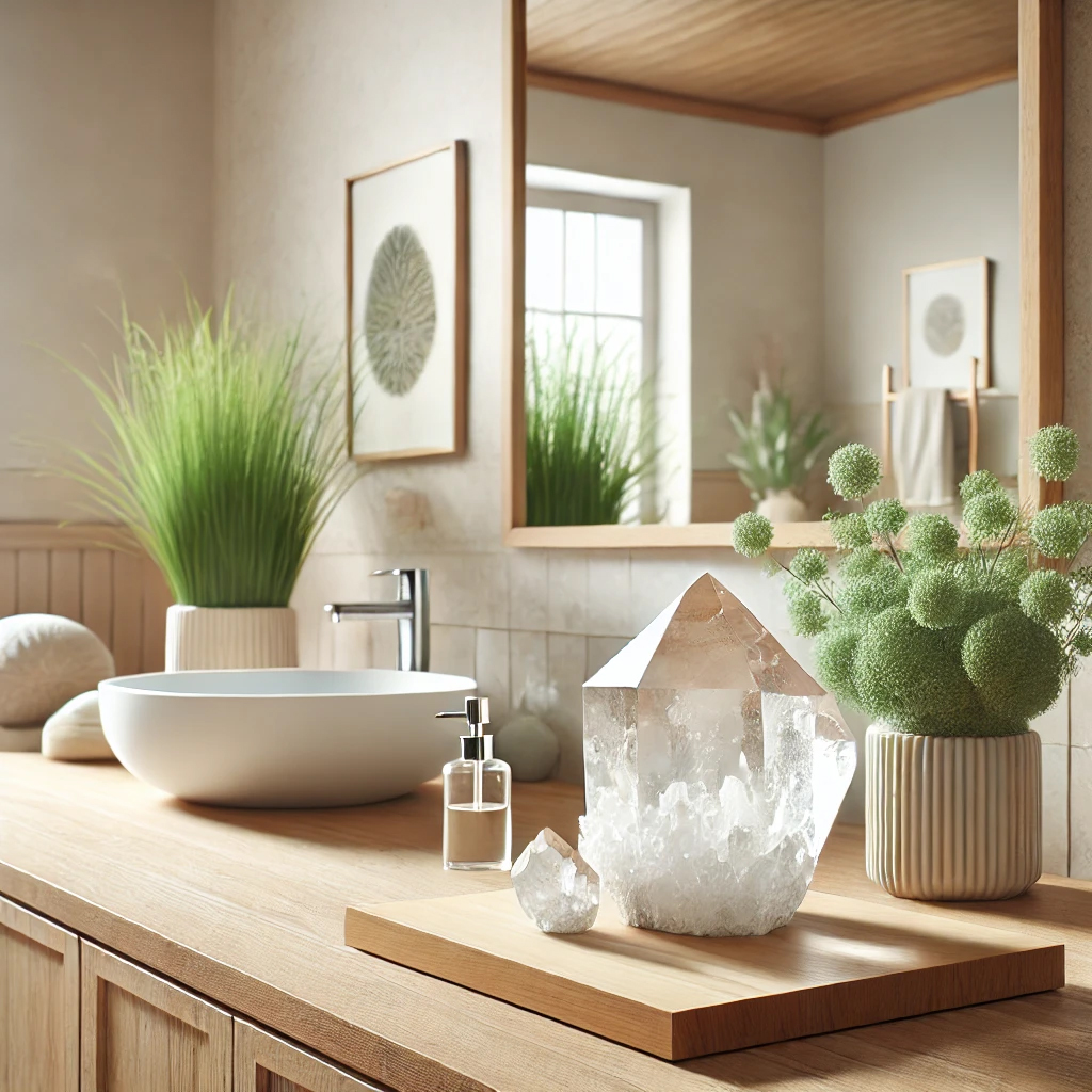 DALL%C2%B7E 2025 01 24 00.19.24 A serene and harmonious bathroom scene designed with Feng Shui principles featuring a clear quartz crystal cluster placed thoughtfully on a wooden sh - トイレの水晶活用ガイド｜風水的効果と正しい置き方とは？