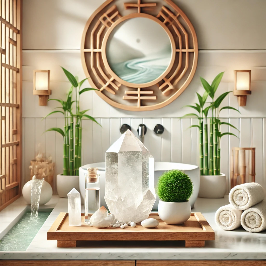 DALL%C2%B7E 2025 01 24 00.20.07 A Feng Shui inspired bathroom scene that radiates harmony and positive energy. The setting includes a clear quartz crystal cluster prominently placed  - トイレの水晶活用ガイド｜風水的効果と正しい置き方とは？