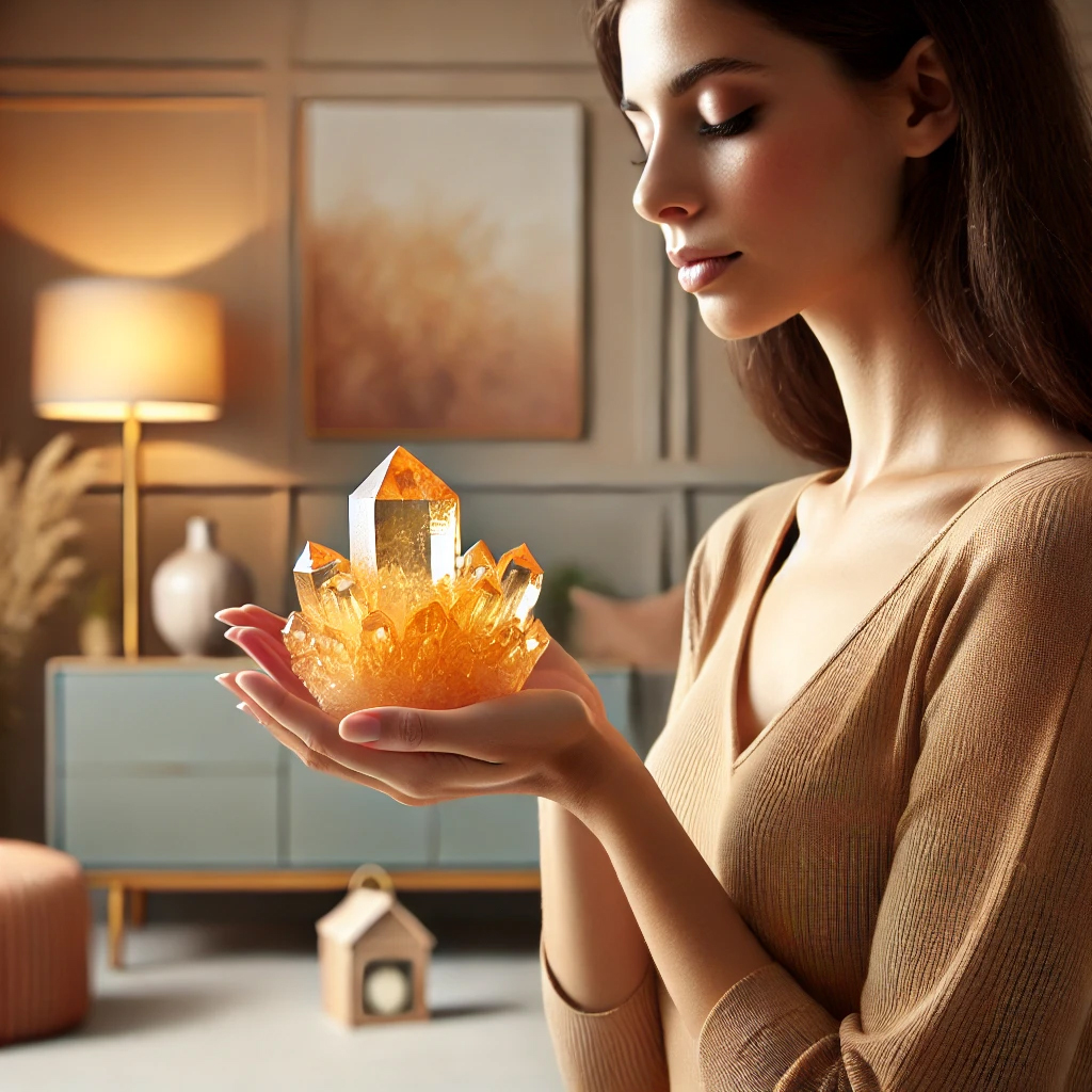 DALL%C2%B7E 2025 01 24 00.32.27 A serene and modern setting featuring a woman gently holding a vibrant citrine crystal cluster. The background is softly lit showcasing warm tones an - シトリンが合う人とは？その理由と効果、条件を徹底解説！