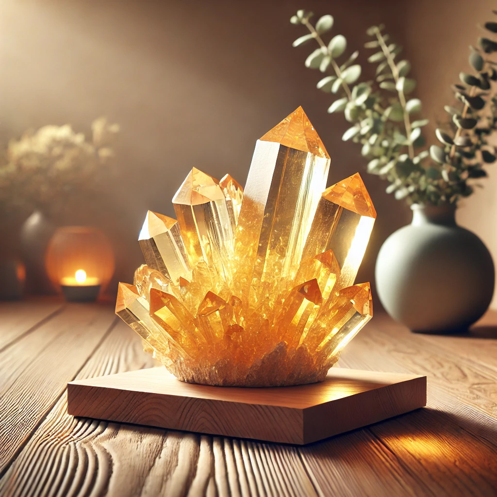 DALL%C2%B7E 2025 01 24 00.33.02 A serene and modern setting featuring a large and vibrant citrine crystal cluster. The crystal is golden yellow radiating light and placed on a natu - シトリンが合う人とは？その理由と効果、条件を徹底解説！