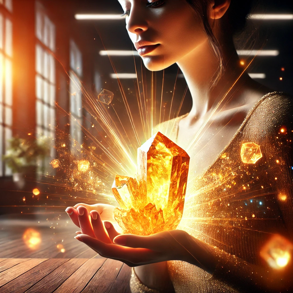 DALL%C2%B7E 2025 01 24 00.36.03 A vibrant and powerful image featuring a glowing citrine crystal cluster being gently held by a serene and confident woman. The scene emphasizes the e - シトリンが合う人とは？その理由と効果、条件を徹底解説！