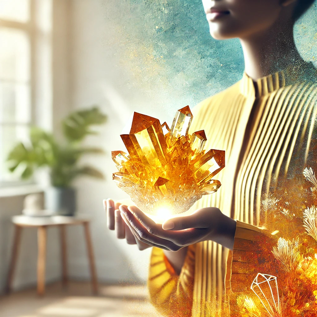 DALL%C2%B7E 2025 01 24 00.38.10 A vibrant and powerful image featuring a glowing citrine crystal cluster being gently held by a serene and confident woman. The setting is modern and  - シトリンが合う人とは？その理由と効果、条件を徹底解説！