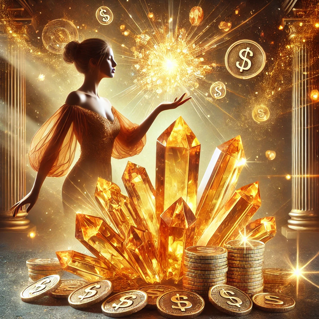 DALL%C2%B7E 2025 01 24 00.43.13 A vibrant and powerful scene emphasizing wealth and prosperity featuring a glowing citrine crystal cluster surrounded by golden coins and radiant lig - シトリンが合う人とは？その理由と効果、条件を徹底解説！