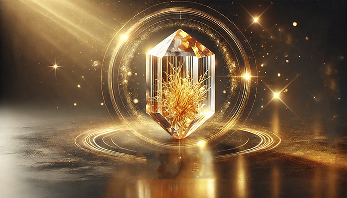 DALL%C2%B7E 2025 01 25 23.47.34 A visually compelling high definition image featuring a polished golden rutilated quartz crystal with intricate golden threads visible inside symbol - ルチルクォーツの効果が出すぎる？その状況と引き寄せ方法を徹底解説！