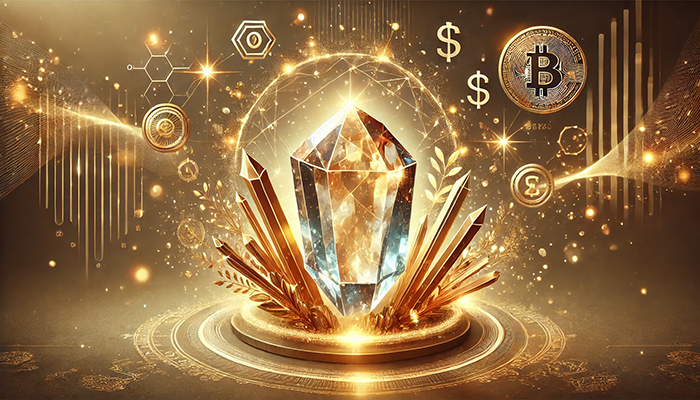 DALL%C2%B7E 2025 01 25 23.52.05 A digital illustration featuring a glowing rutile quartz crystal as the central focus surrounded by elements representing wealth and prosperity. The  - ルチルクォーツの効果が出すぎる？その状況と引き寄せ方法を徹底解説！